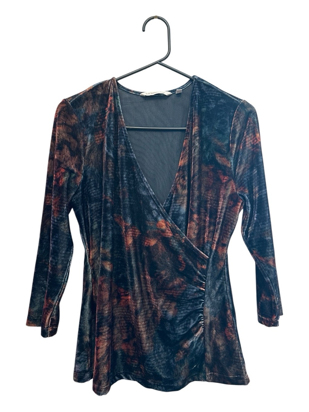 Vintage Y2K Soft Surroundings Velvet Black Wrap Top w/ Rust Highlights Small